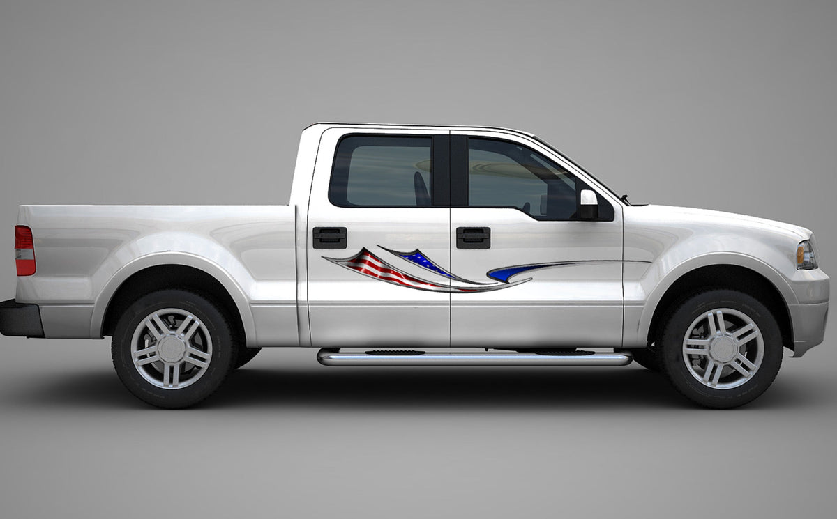 american flag graphic stripes on the side of white pickup truck